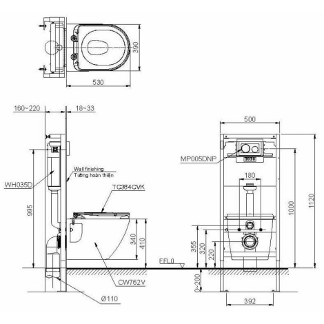 Bồn Cầu TOTO CW762/TC384CVK Treo Tường