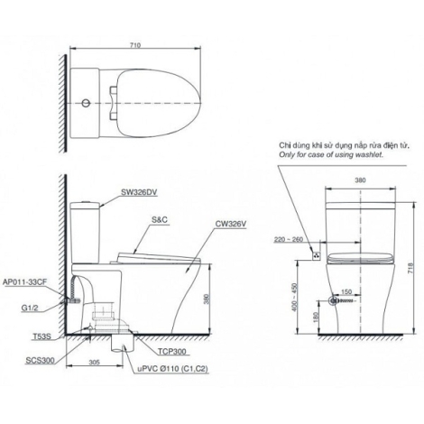 Bồn Cầu TOTO CS326DE2 2 Khối Nắp Cơ TCW07S