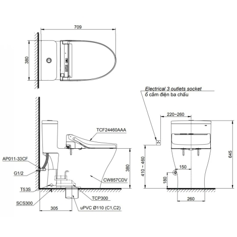 Bồn Cầu Điện Tử TOTO MS857CDW15 Nắp Rửa Washlet TCF24460AAA C5 Giấu Dây