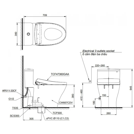 Bồn Cầu Điện Tử TOTO MS857CDW23 Nắp Rửa Washlet TCF47360GAA S7 Giấu Dây