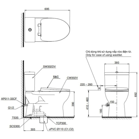Bồn Cầu Điện Tử TOTO CS302DW16 Nắp Rửa Washlet TCF23410AAA C2