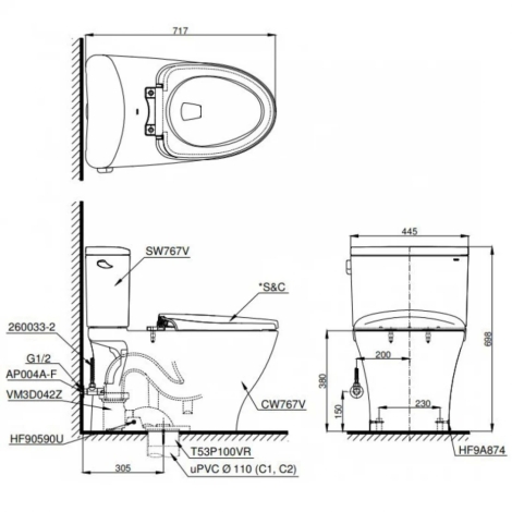 Bồn Cầu Điện Tử TOTO CS767CRW23#XW Nắp Rửa Washlet TCF47360GAA S7 Giấu Dây