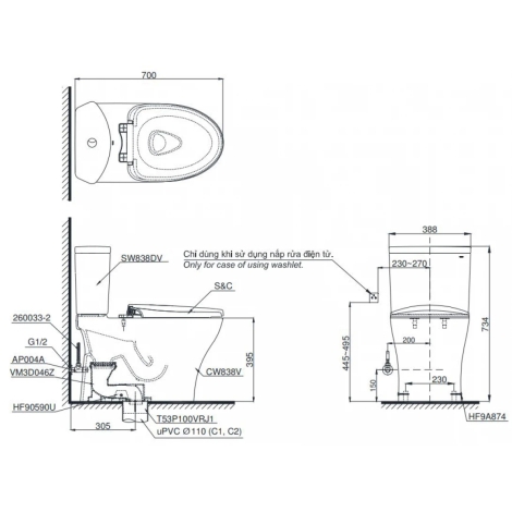 Bồn Cầu Điện Tử TOTO CS838CDW12 Nắp Rửa Washlet Giấu Dây
