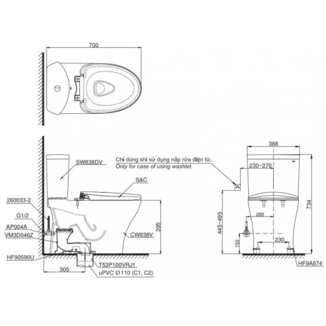 Bồn Cầu Điện Tử TOTO CS838CDW23 Nắp Washlet TCF47360GAA Dòng S7 Giấu Dây