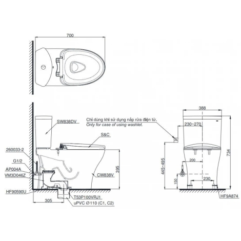 Bồn Cầu Điện Tử TOTO CS838DW14 Washlet