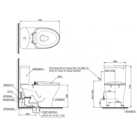 Bồn Cầu Điện Tử TOTO CS838DW16 Nắp Rửa Washlet TCF23410AAA C2