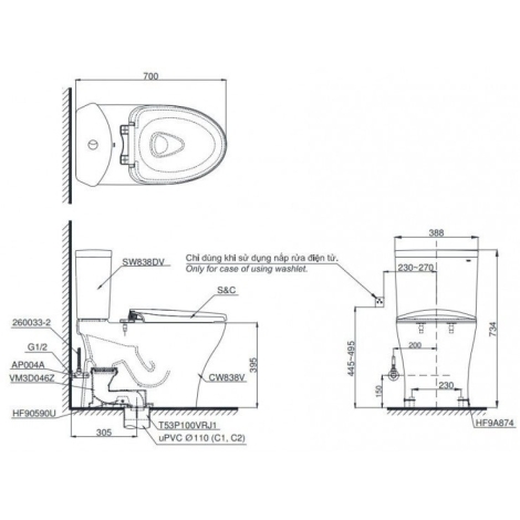 Bồn Cầu Điện Tử TOTO CS838DW18 Nắp Rửa Washlet TCF23710AAA C2 Simple