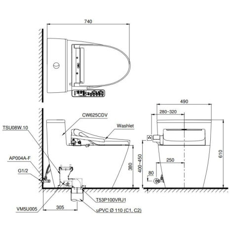 Bồn Cầu Điện Tử TOTO MS625CDW17 Nắp Rửa Washlet TCF23460AAA C2 Giấu Dây