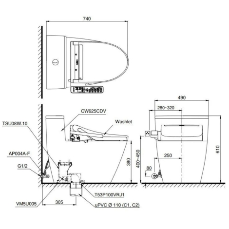 Bồn Cầu Điện Tử TOTO MS625CDW23 Nắp Rửa Washlet TCF47360GAA S7 Giấu Dây
