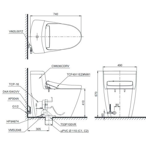 Bồn Cầu Điện Tử TOTO MS636CDRW23 Nắp Rửa Washlet TCF47360GAA S7 Giấu Dây