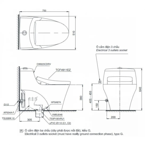 Bồn Cầu Điện Tử TOTO MS823CDRW23 Nắp Washlet TCF47360GAA S7 Giấu Dây
