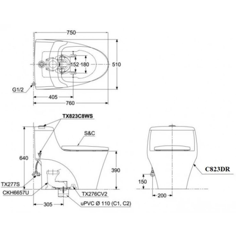 Bồn Cầu TOTO MS823DRT3 Một Khối Nắp TC385VS
