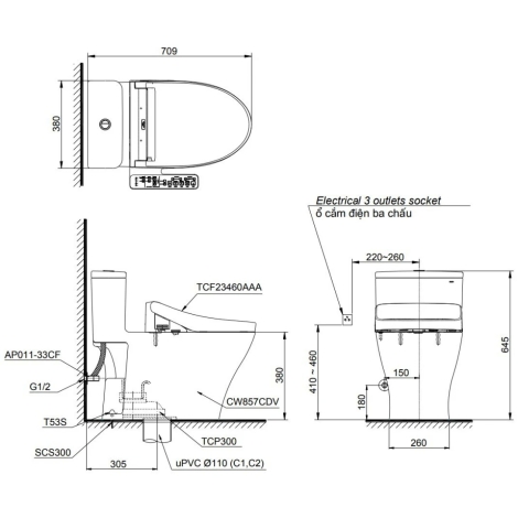 Bồn Cầu Điện Tử TOTO MS857CDW17 Nắp Rửa Washlet TCF23460AAA C2 Giấu Dây