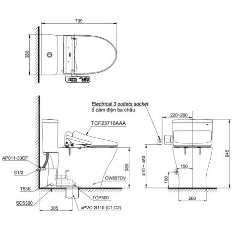 Bồn Cầu Điện Tử TOTO MS857DW18 Nắp Rửa Washlet TCF23710AAA C2