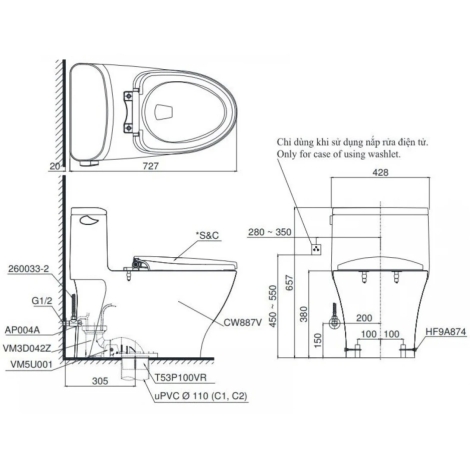 Bồn Cầu Điện Tử TOTO MS887CRW23 Nắp Rửa Washlet TCF47360GAA S7 Giấu Dây