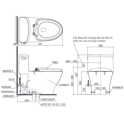 Bồn Cầu Điện Tử TOTO MS887CRW12 (MS887CW12) Nắp Tự Động Đóng Mở