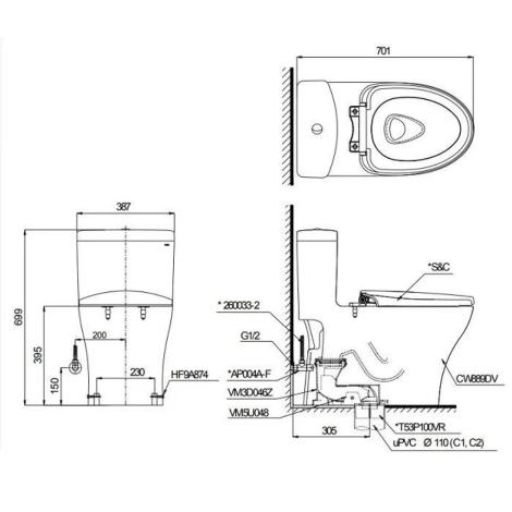 Bồn Cầu Điện Tử TOTO MS889CDRW17 Nắp Rửa Washlet TCF23460AAA C2 Giấu Dây
