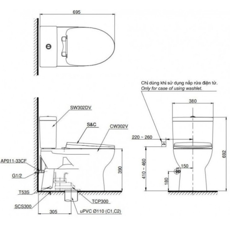 Bồn Cầu TOTO CS302DE2 2 Khối Nắp Cơ TCW07S