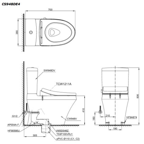 Bồn Cầu TOTO CS948DE4 Hai Khối Nắp Cơ
