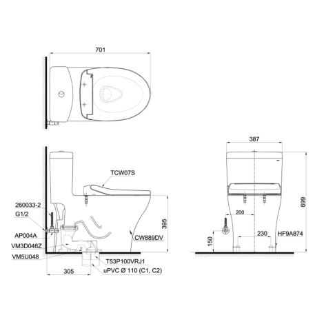 Bàn Cầu TOTO MS889DRE2 (MS889DE2) Một Khối Nắp Cơ