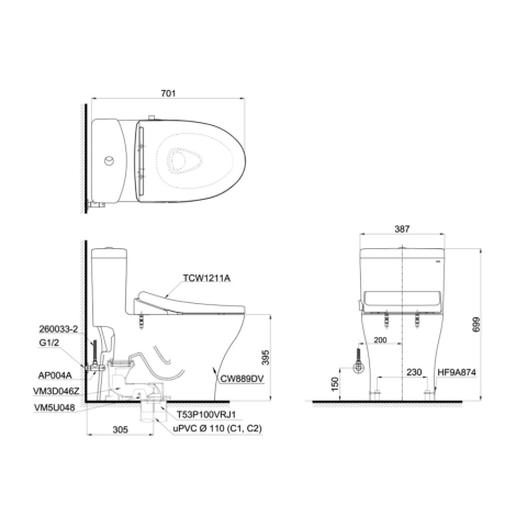 Bồn Cầu TOTO MS889DRE4 (MS889DE4) Một Khối Nắp Cơ