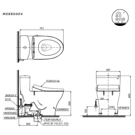 Bồn Cầu TOTO MS885DE4 Một Khối Nắp Cơ