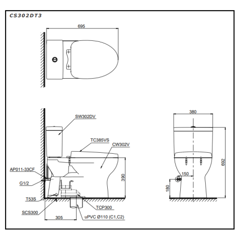 Bồn Cầu 2 Khối TOTO CS302DT3 Nắp Êm TC385VS