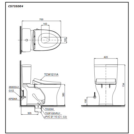 Bàn Cầu TOTO CS735DE4 Hai Khối Nắp Cơ