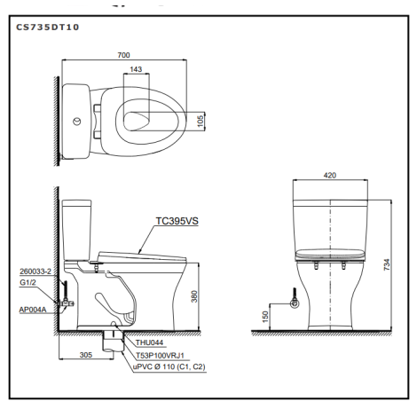 Bồn Cầu TOTO CS735DT10 Nắp Êm TC395VS 2 Khối
