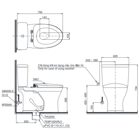 Bồn Cầu TOTO CS735DT8 Hai Khối Nắp TC600VS