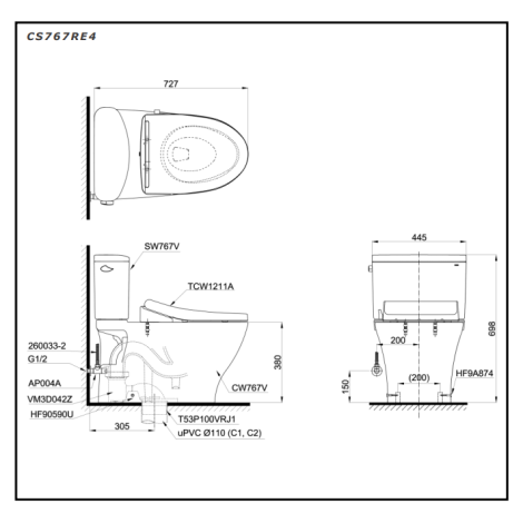 Bồn Cầu TOTO CS767E4 (CS767RE4) Hai Khối Nắp Rửa Cơ