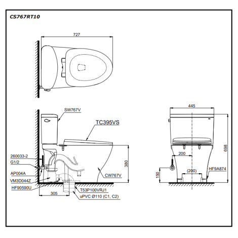 Bồn Cầu TOTO CS767RT10 Nắp Êm TC395VS 2 Khối