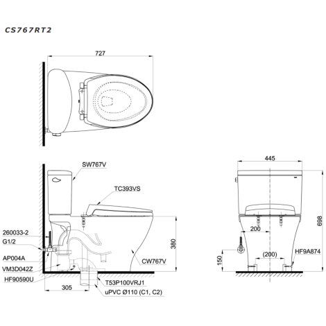 Bồn Cầu TOTO CS767RT2 (CS767T2) Hai Khối Nắp TC393VS