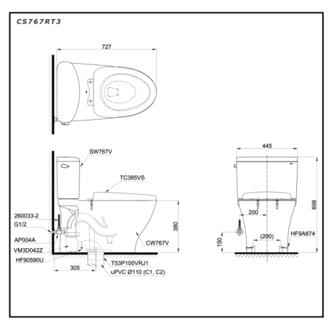Bồn Cầu TOTO CS767RT3 (CS767T3) Hai Khối Nắp TC385VS