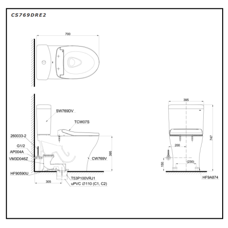 Bồn Cầu TOTO CS769DRE2 (CS769DE2) Hai Khối Nắp Cơ