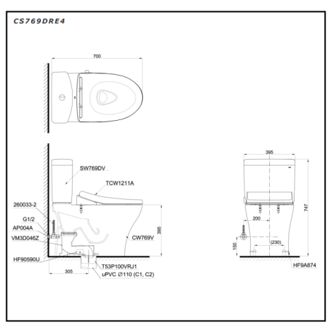 Bàn Cầu TOTO CS769DRE4 (CS769DE4) Hai Khối Nắp Cơ