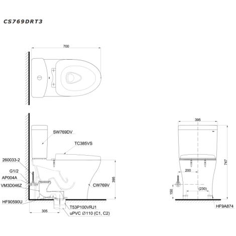 Bồn Cầu TOTO CS769DRT3 (CS769DT3) Hai Khối Nắp TC385VS