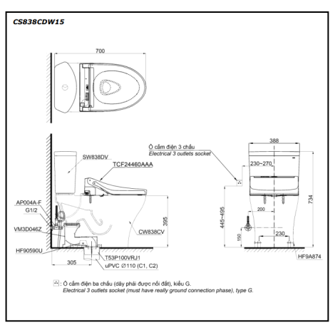 Bồn Cầu Điện Tử TOTO CS838CDW15 Washlet