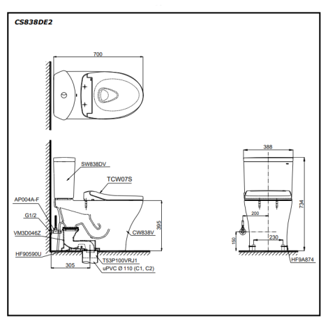 Bồn Cầu TOTO CS838DE2 Hai Khối Nắp Cơ