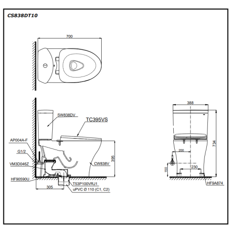 Bồn Cầu TOTO CS838DT10 Nắp Êm TC395VS 2 Khối