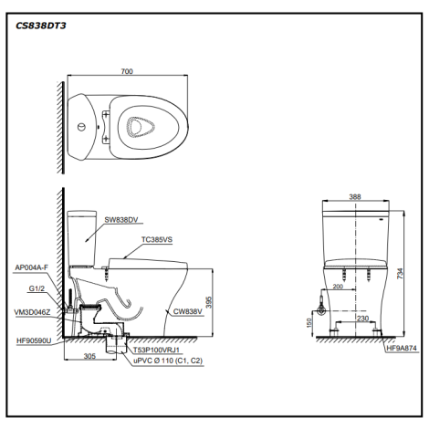 Bồn Cầu TOTO CS838DT3 Hai Khối Nắp TC385VS