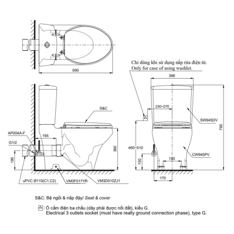 Bồn Cầu Hai Khối TOTO CS945PDT3 Thoát Ngang