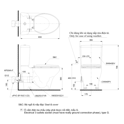Bồn Cầu Hai Khối TOTO CS945PDT8#XW Thoát Ngang