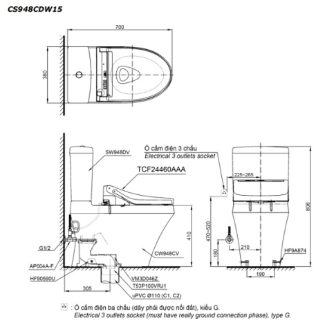 Bồn Cầu Điện Tử TOTO CS948CDW15 Washlet Giấu Dây