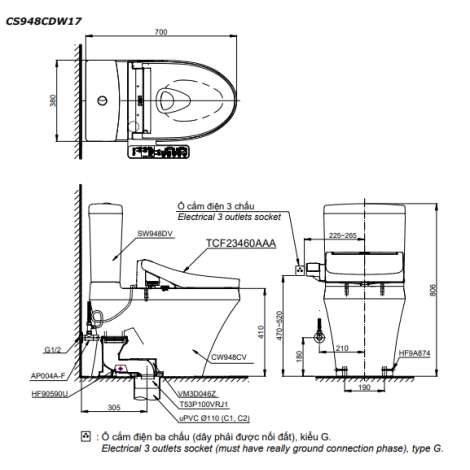 Bồn Cầu Điện Tử TOTO CS948CDW17 Nắp Rửa Washlet TCF23460AAA C2 Giấu Dây