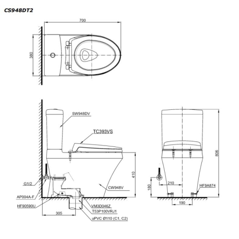 Bồn Cầu TOTO CS948DT2 Hai Khối Nắp TC393VS