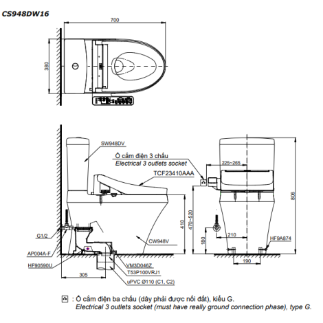 Bồn Cầu Điện Tử TOTO CS948DW16 Nắp Rửa Washlet TCF23410AAA C2