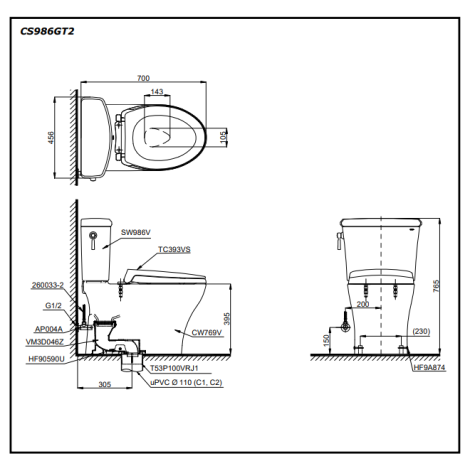 Bồn Cầu Hai Khối TOTO CS986GT2 Nắp TC393VS