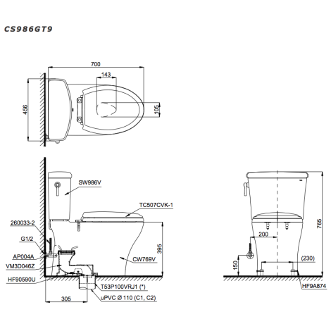 Bồn Cầu Hai Khối TOTO CS986GT9 Nắp Êm