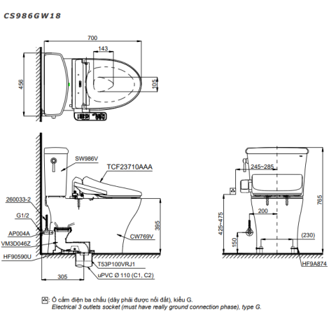 Bồn Cầu Điện Tử TOTO CS986GW18 Nắp Rửa Washlet TCF23710AAA C2 Simple